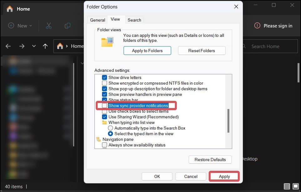disbale sync provider notifications