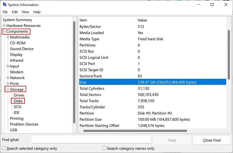disk size in system information