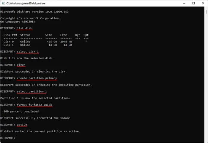 diskpart-format-usb-fat32-active