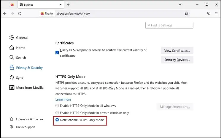 What Does "Your Connection is Not Secure" Error Mean? How to Fix It 16 dont-enable-https-only-mode