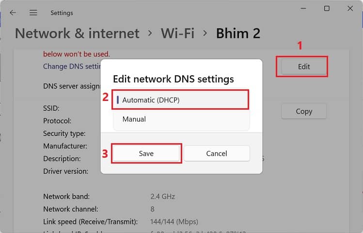 edit network dns settings set to automatic dhcp