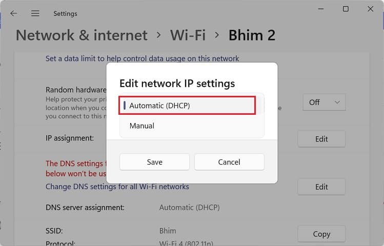 edit network ip settings automatic dhcp