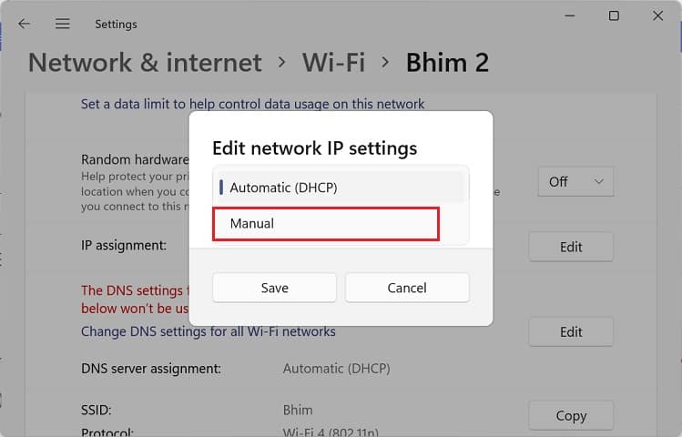 edit network ip settings set to manual