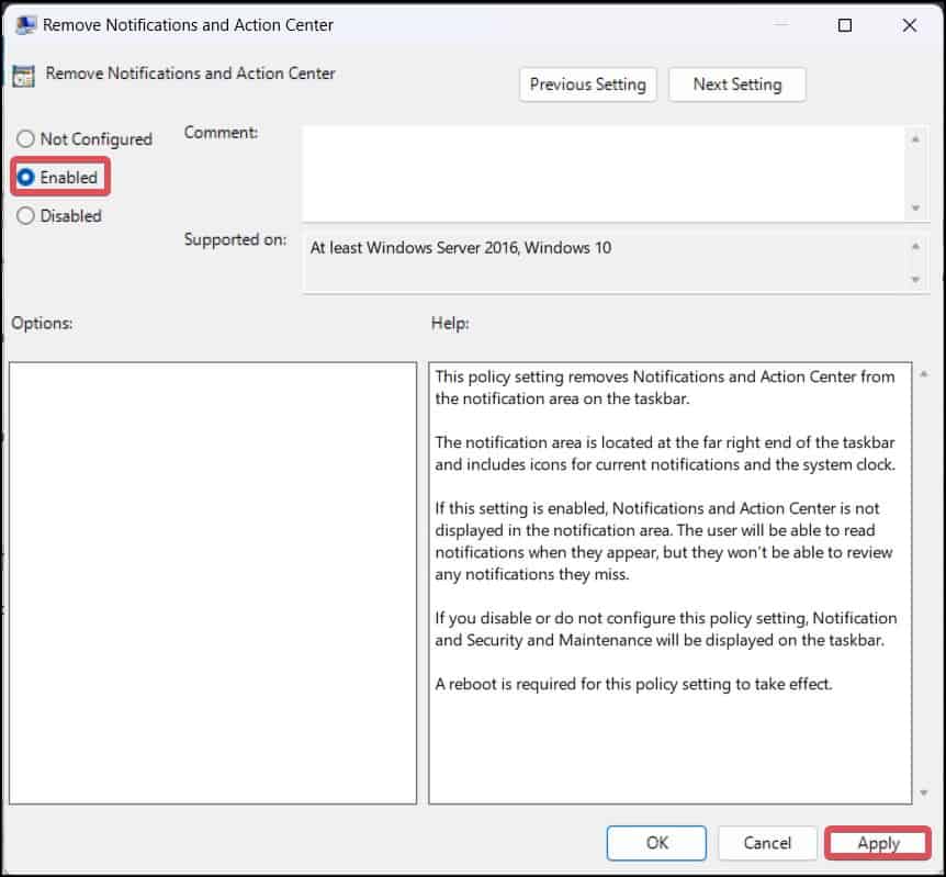 enable the remove notification settings