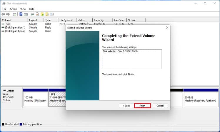 finish in extend volume wizard