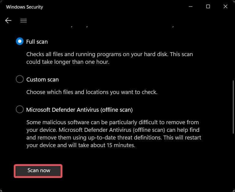 full scan using windows defender