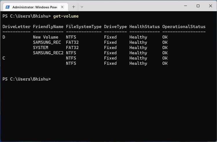 get volume in powershell