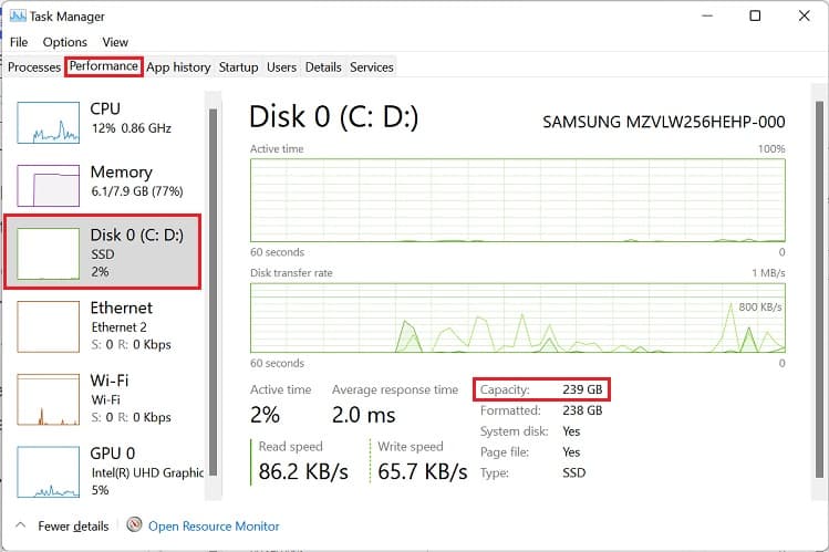 hard disk capacity in task manager