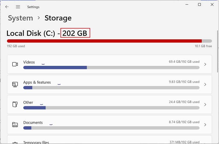 hard disk space in settings