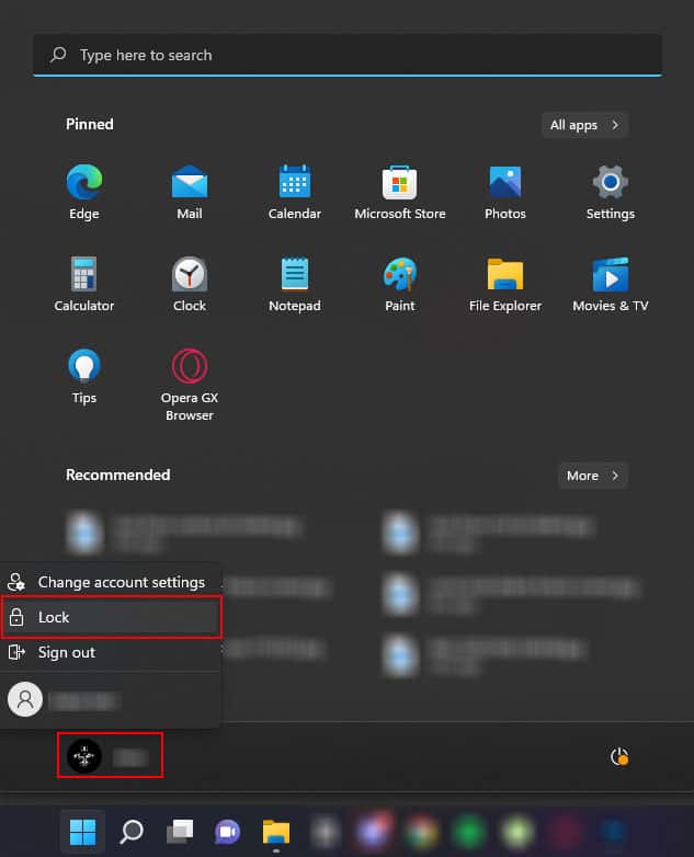 lock screen from start menu