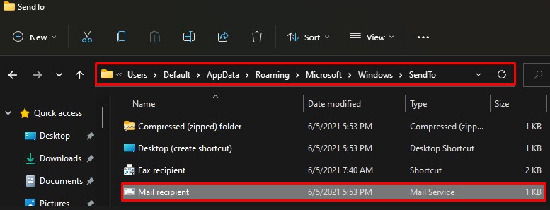 mail recipient on default folder