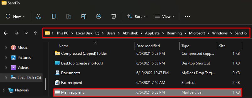 mail recipient on user folder