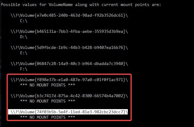 mountvol highlighted