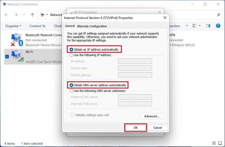 obtain ip address and dns server address automatically