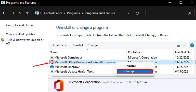 office-package-in-uninstall-page
