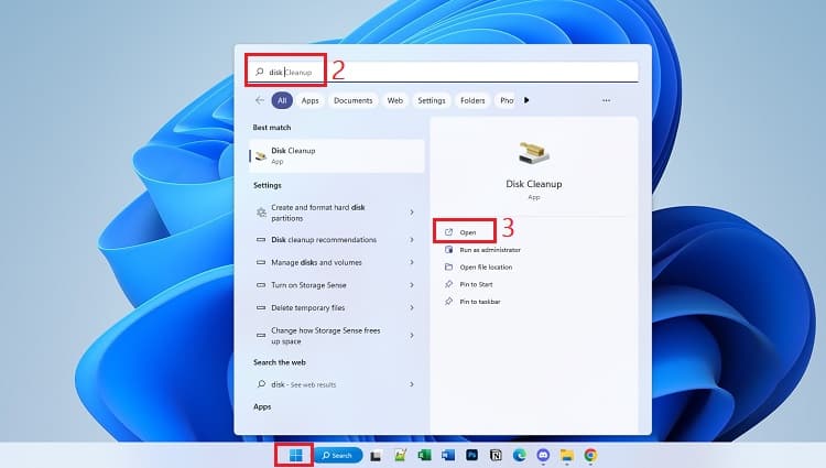 open disk cleanup from start menu