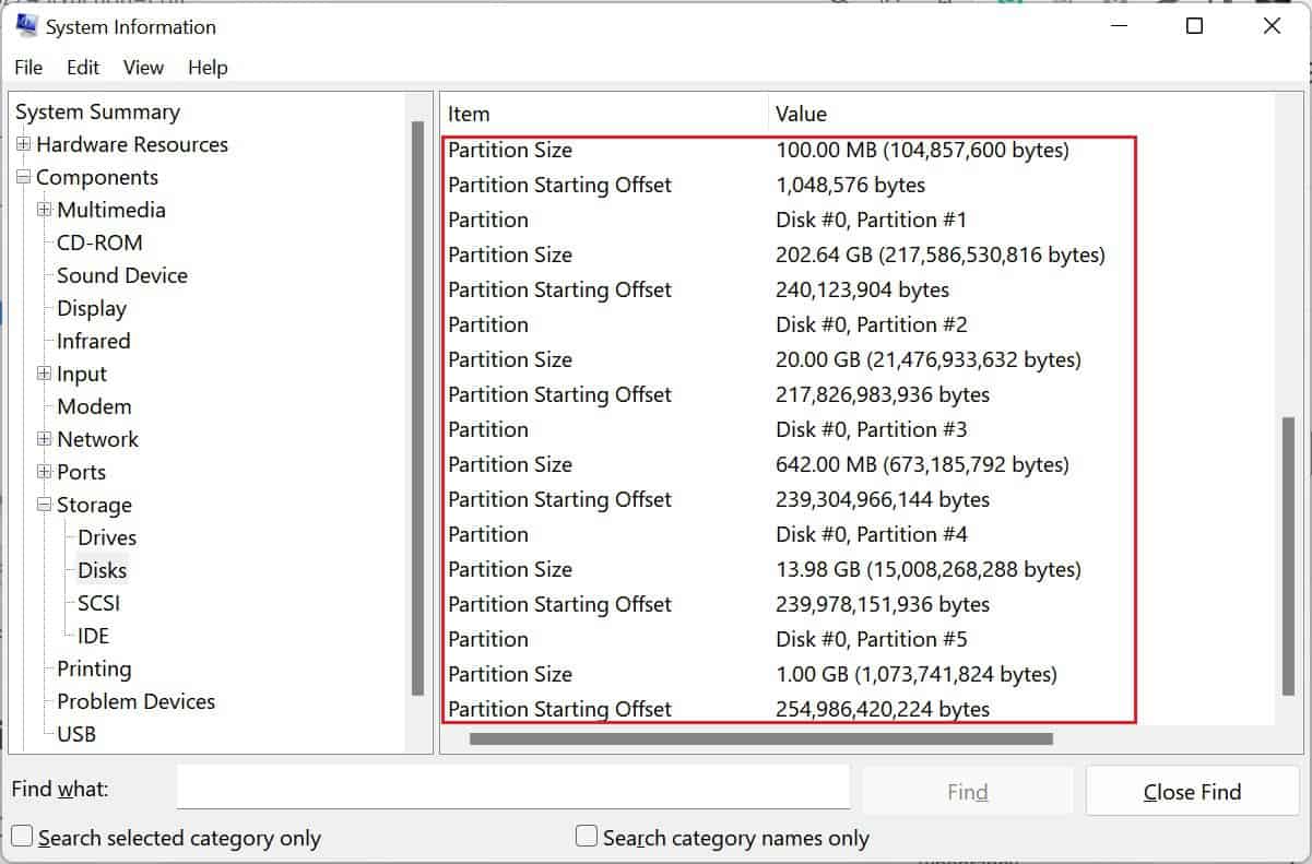 partition size in system information