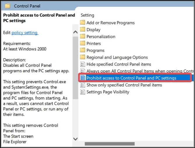 prohibit access to control panel