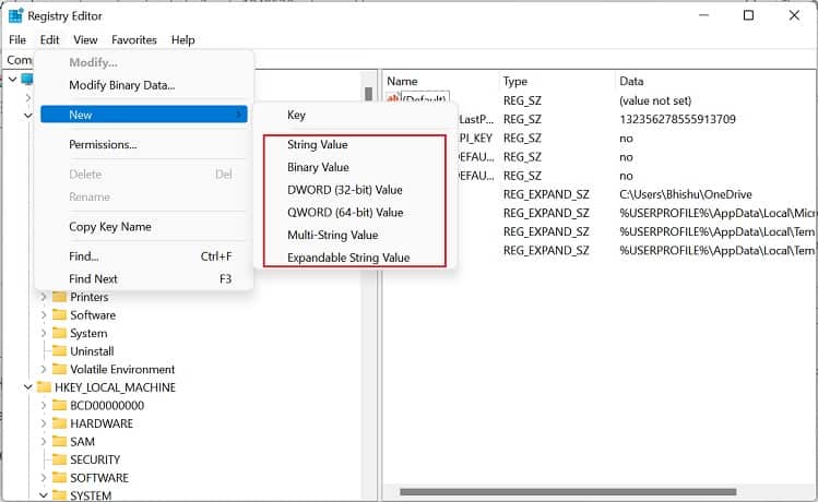 registry editor new and select one value