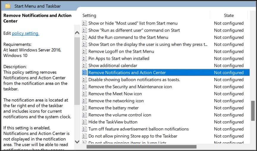 remove notification and action center