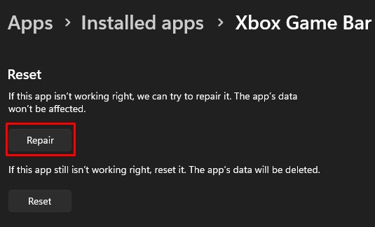 repair xbox game bar not working