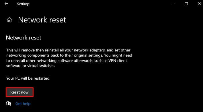 reset now network settings