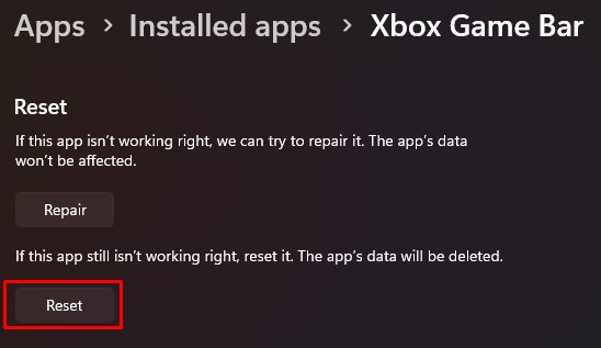 reset xbox game bar not working