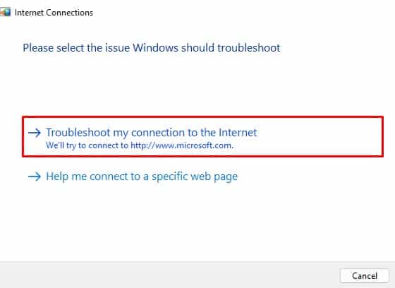 running internet connection troubleshooter