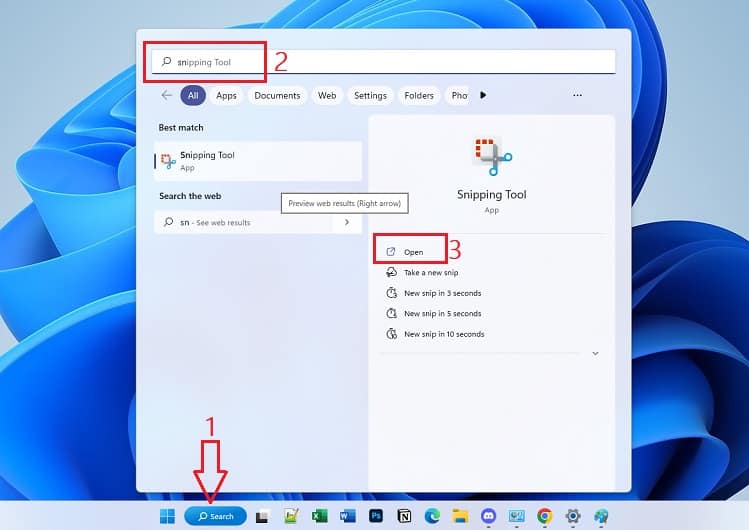 search for snipping tool in instant search
