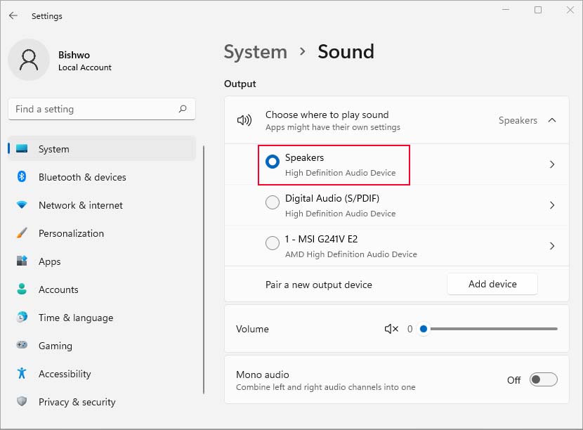 selecting default speaker