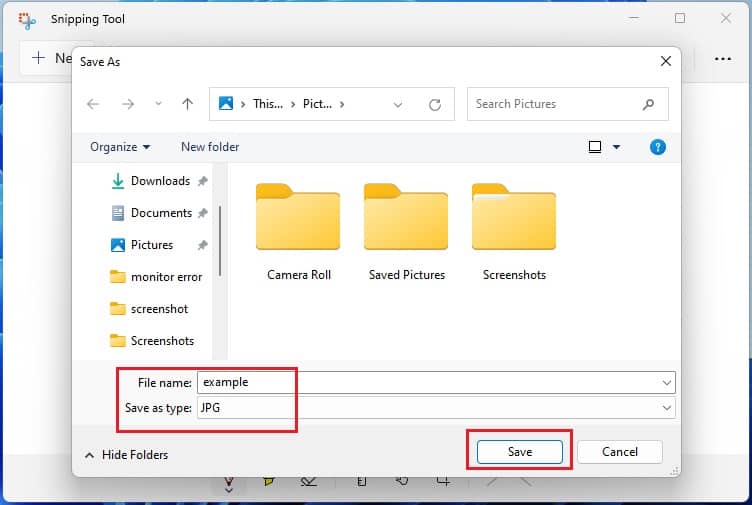 set file name and type then save in snipping tool