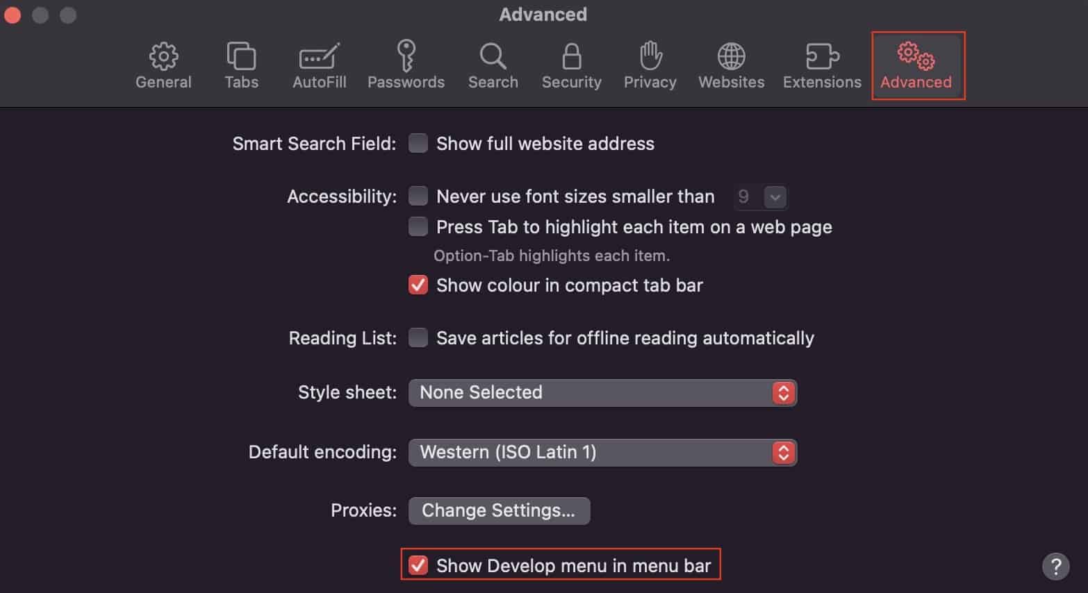 show-develop-options