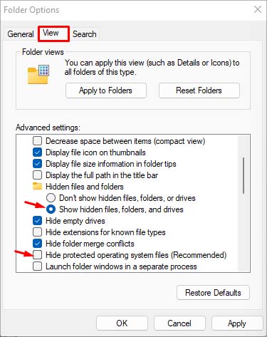 show hidden files and unhide system files