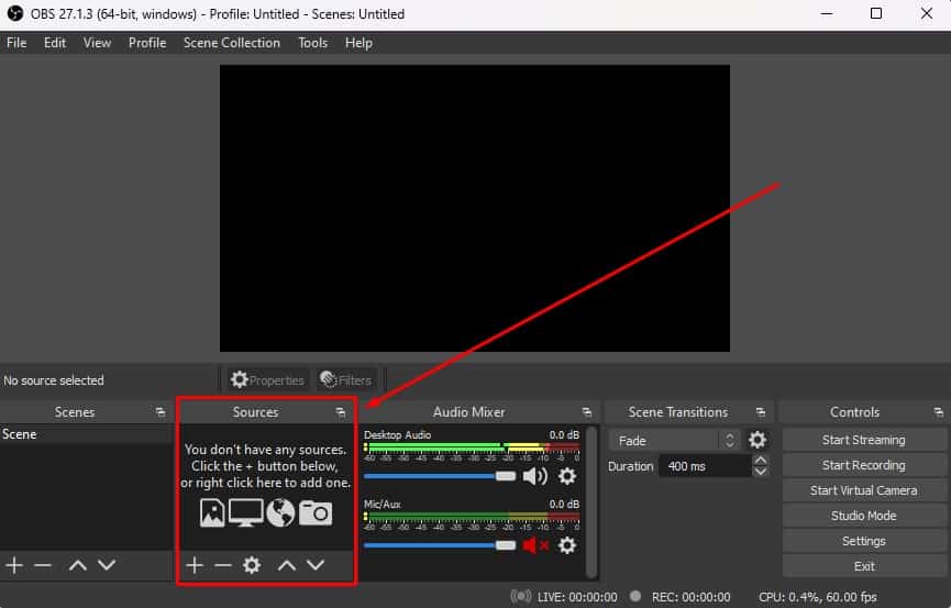 sources obs studio connect switch to laptop