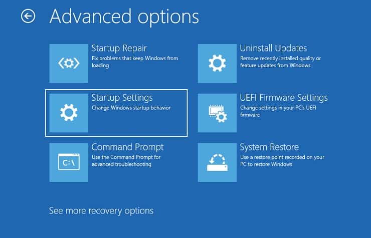 startup settings in windows re