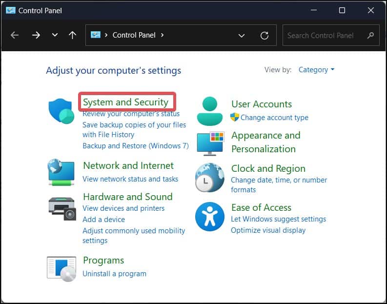 system and security settings