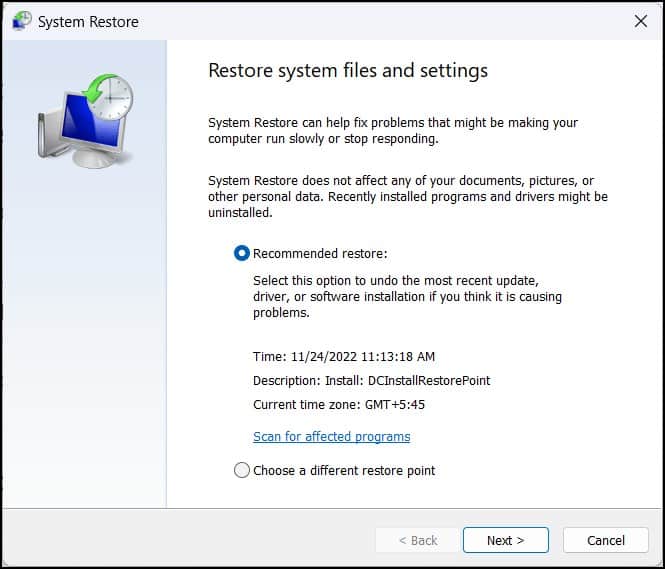 system restore utility