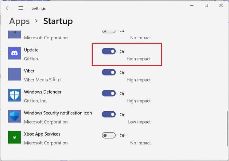 toggle off high impact startup app