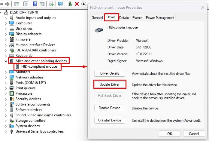 update mouse driver left mouse not working