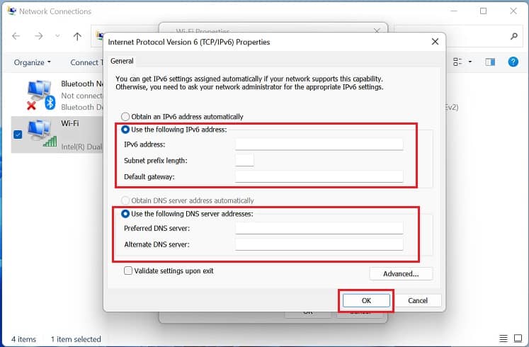 use following ip and dns in ipv6