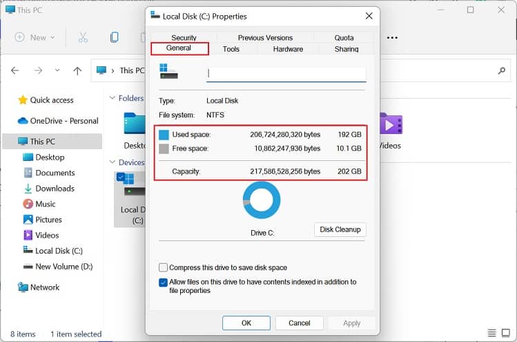 used space free space and capacity in local disk properties