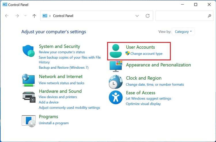 user accounts in control panel