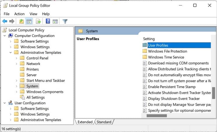user profiles in local group policy editor
