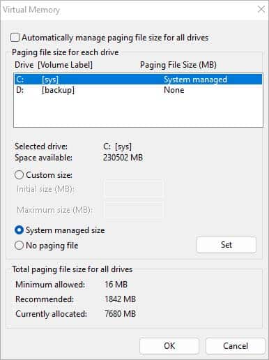 virtual memory paging configuration