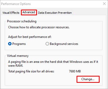 virtual memory settings window
