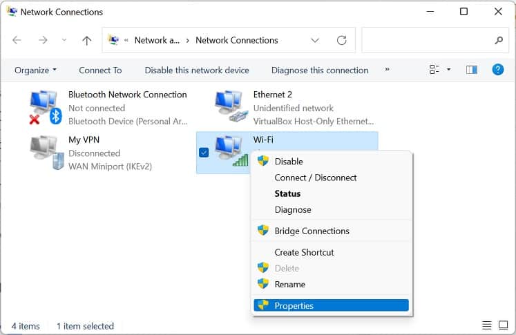 wifi properties in network connections