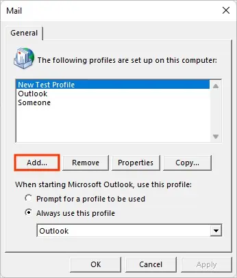 Fix: Sent Items Not Showing in Outlook 13 Add-new-profile