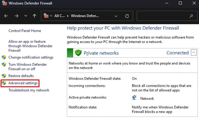 Advanced settings firewall