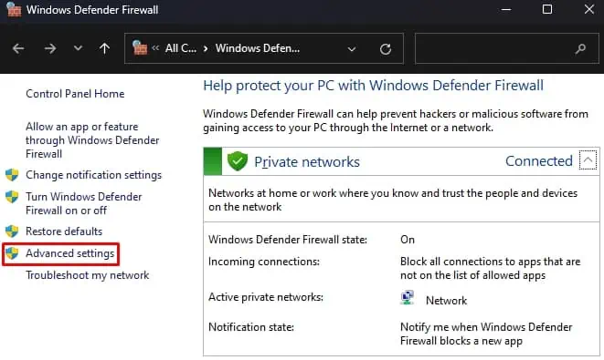 Fix: The L2TP Connection Attempt Failed Because the Security Layer Encountered a Processing Error 17 Advanced-settings-firewall