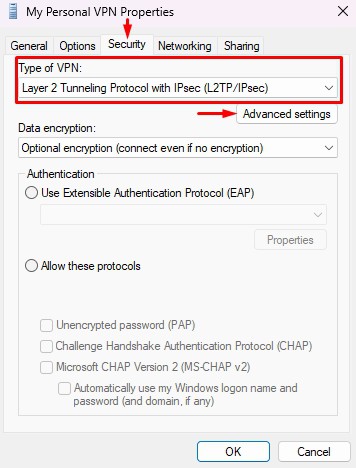 Advanced settings for L2TP